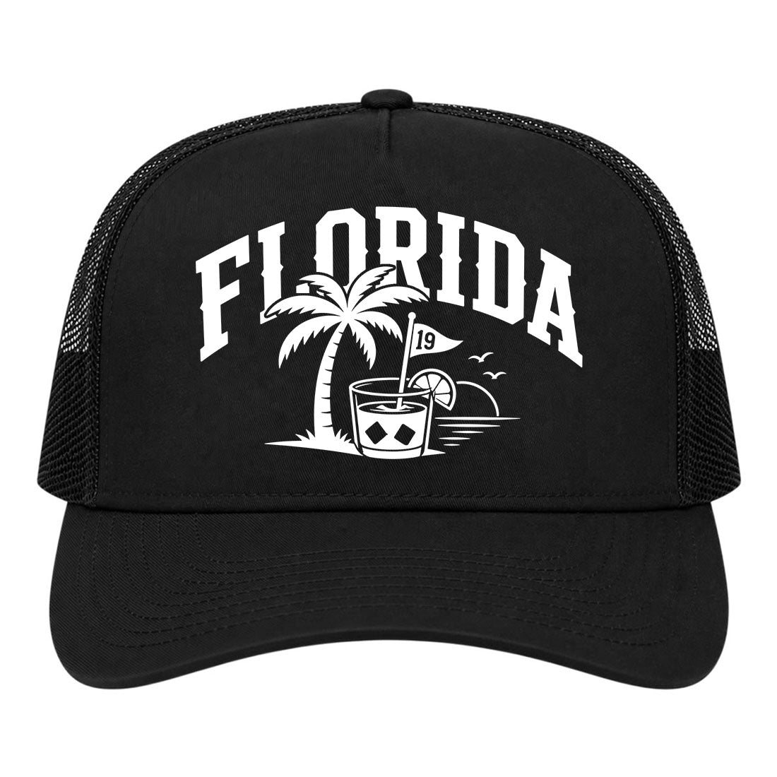 Black Florida Tropical Beach Golf Trucker Hat
