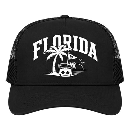 Black Florida Tropical Beach Golf Trucker Hat