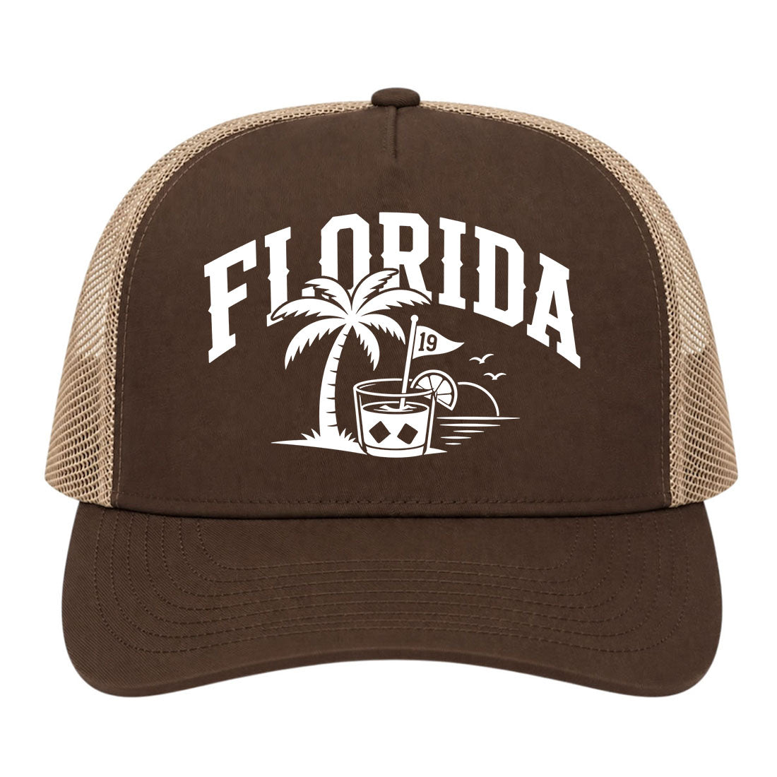 Brown Florida Tropical Beach Golf Trucker Hat