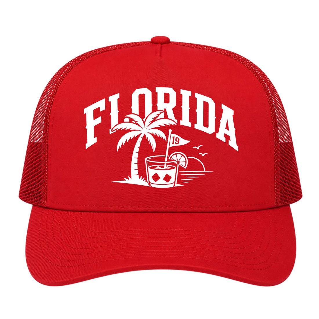Red Florida Tropical Beach Golf Trucker Hat