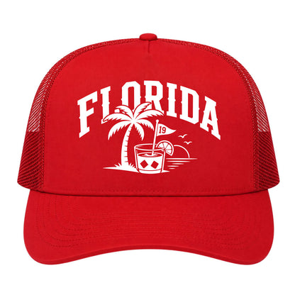Red Florida Tropical Beach Golf Trucker Hat