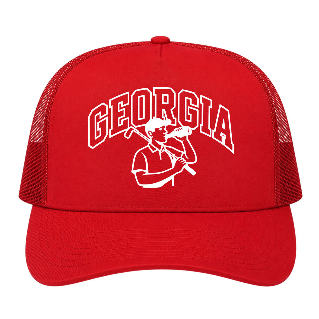 Red Georgia Golfer Drinking Beer Golf Trucker Hat