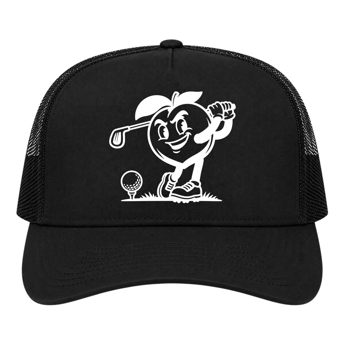 Black Georgia Peach Mascot Golf Trucker Hat