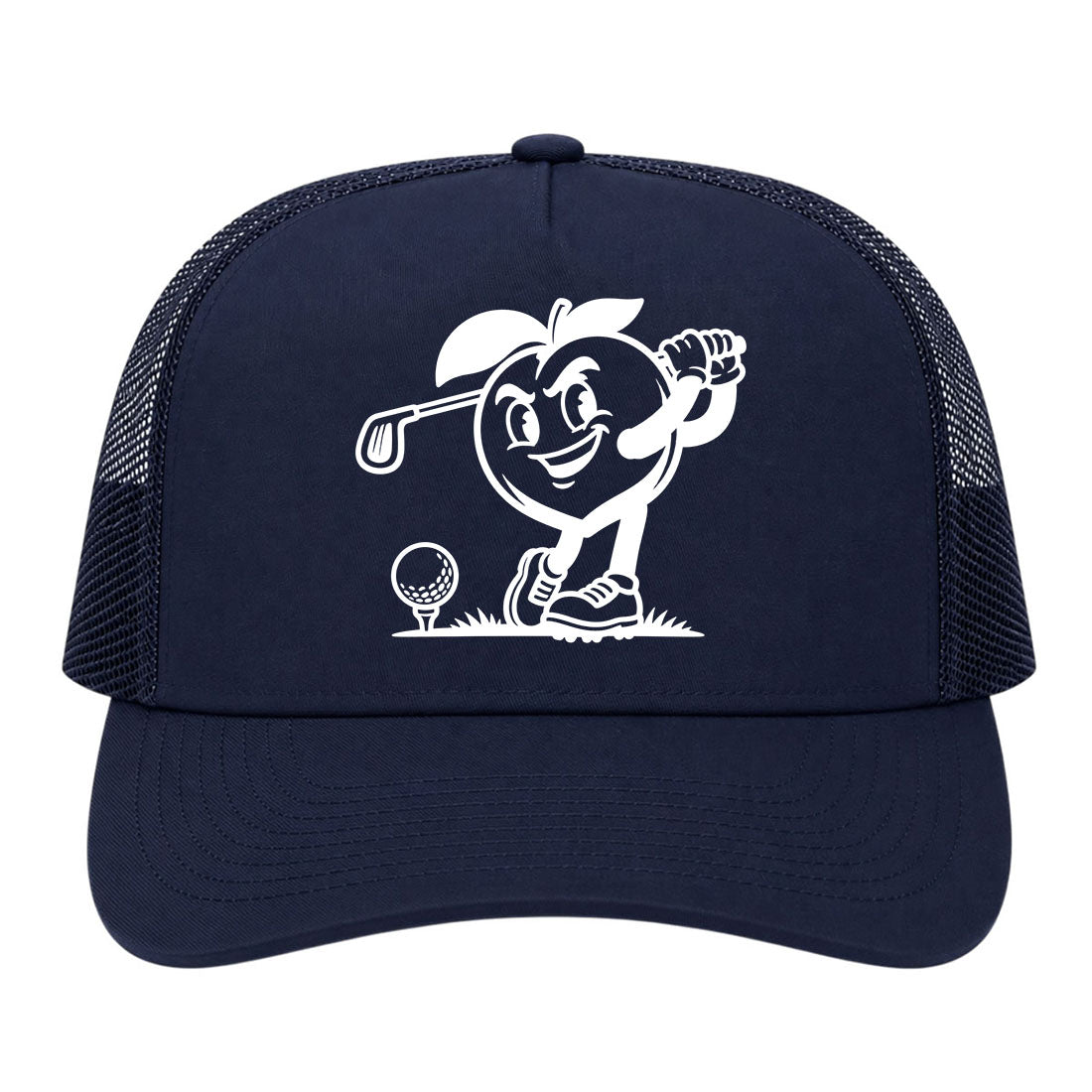 Navy Blue Georgia Peach Mascot Golf Trucker Hat