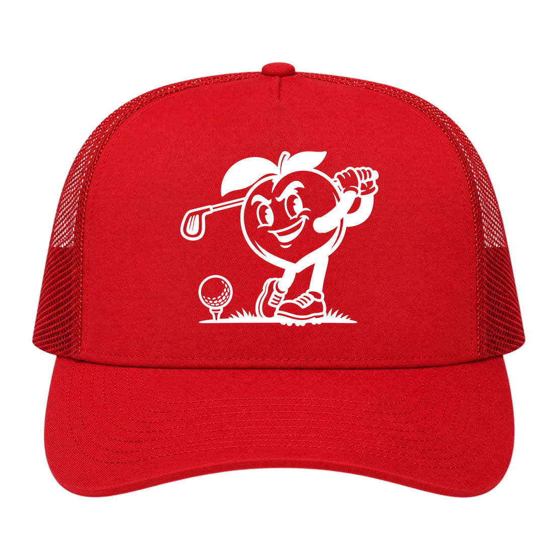 Red Georgia Peach Mascot Golf Trucker Hat
