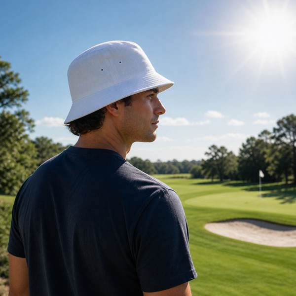 Golfer wearing a white bucket hat for sun covverage and protection from the sun on the course