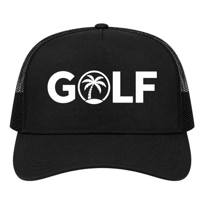 Black Golf Palm Tree Logo Golf Trucker Hat