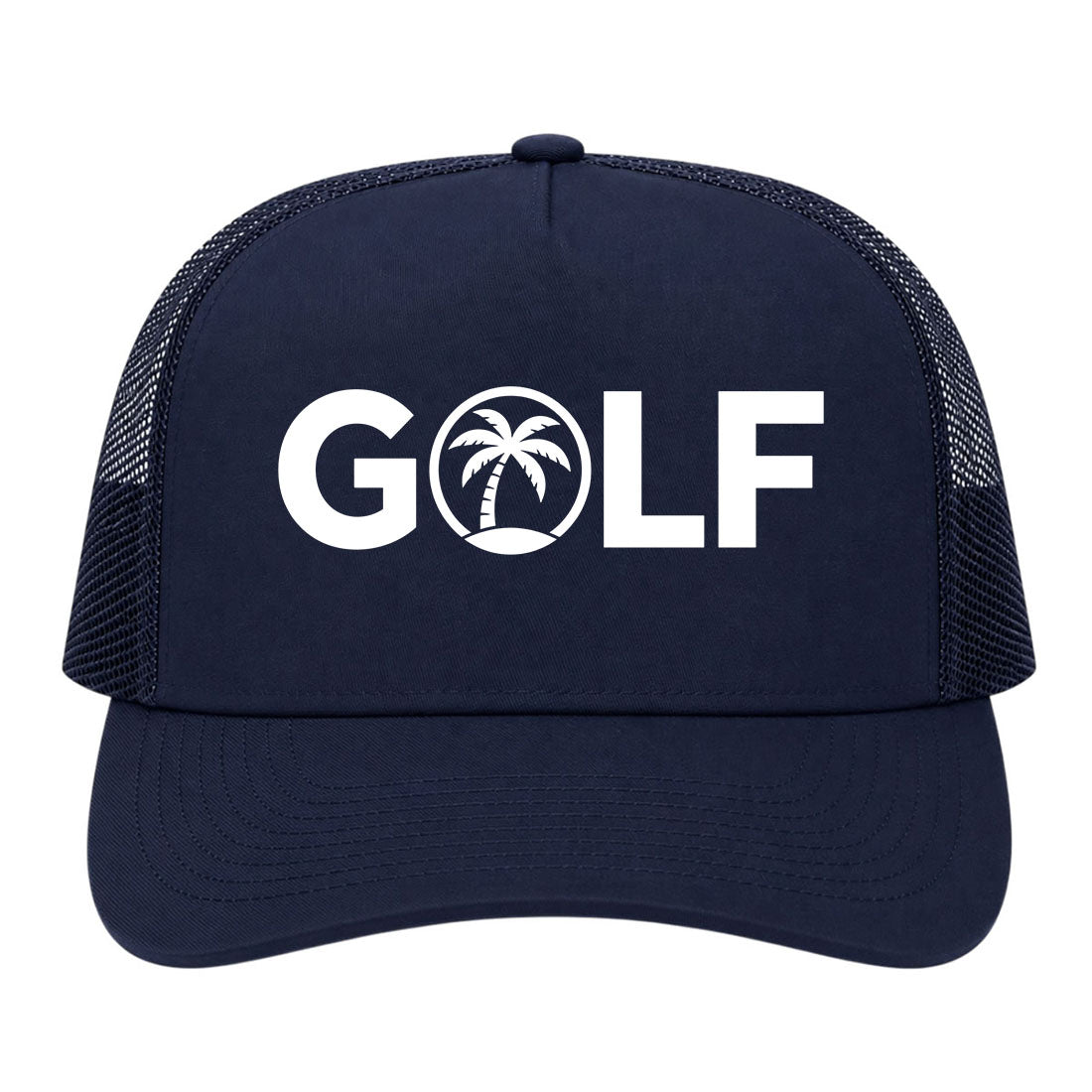 Navy Blue Golf Palm Tree Logo Golf Trucker Hat