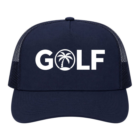 Navy Blue Golf Palm Tree Logo Golf Trucker Hat