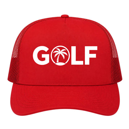 Red Golf Palm Tree Logo Golf Trucker Hat