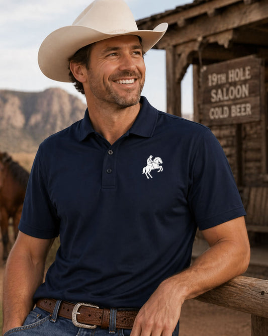 Man wearing Cowboy Horse Logo Men’s Golf Polo Shirt at 19th hole saloon
