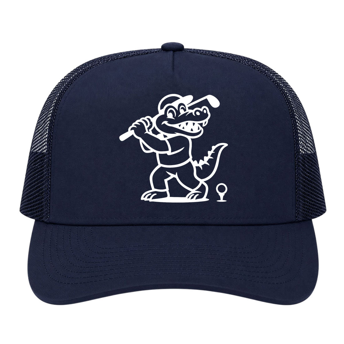 Navy Blue Happy Alligator Print Golf Trucker Hat