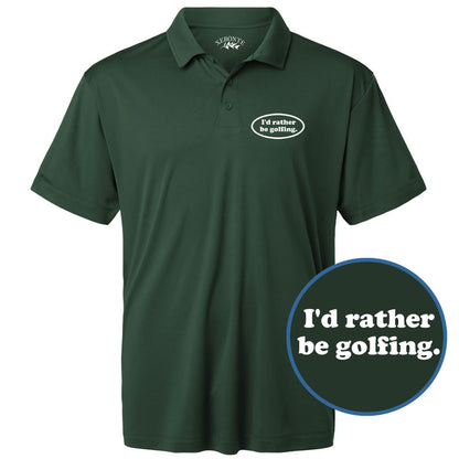 Green polo shirt with 'I'd rather be golfing' text on a white background
