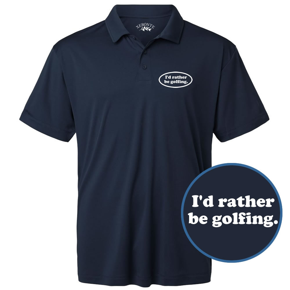 Navy blue polo shirt with 'I'd rather be golfing' text on a white background