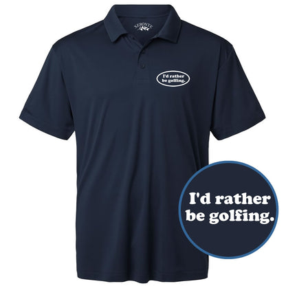 Navy blue polo shirt with 'I'd rather be golfing' text on a white background