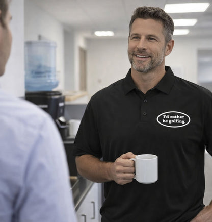 Man in a black polo shirt with 'I'd rather be golfing' text holding a white mug in an office setting.