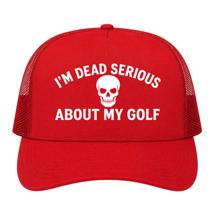 Red Im Dead Serious About My Golf Skull Golf Trucker Hat