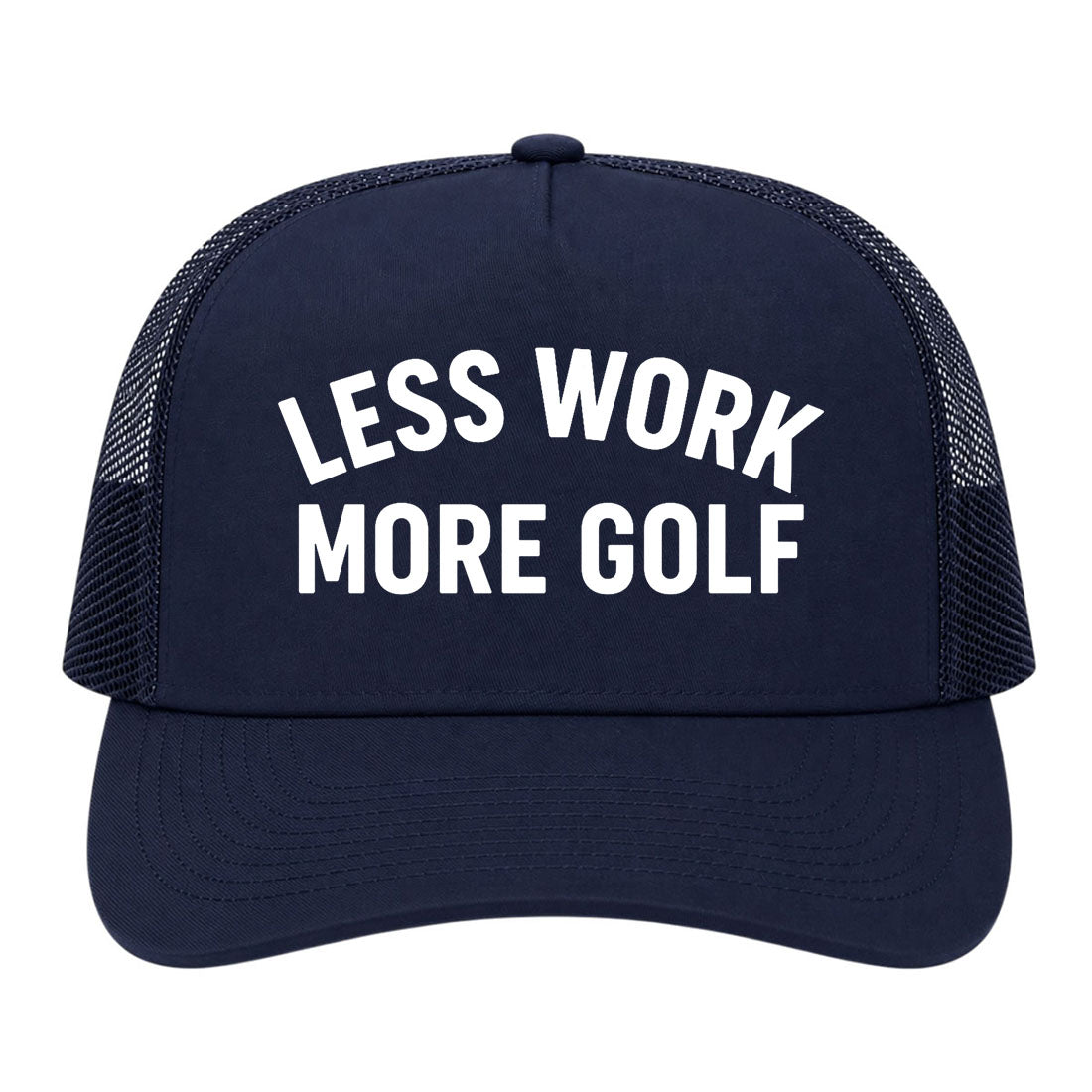 Navy Blue Less Work More Golf Trucker Hat