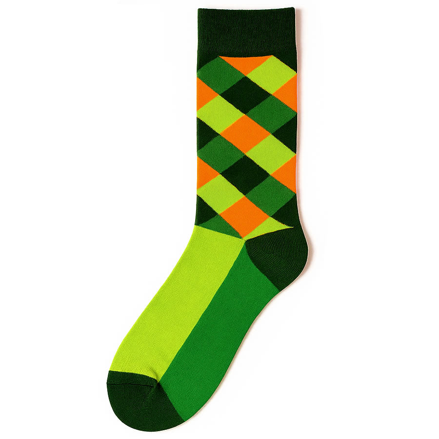 Lime Green and Orange Diamond Pattern Men's Crew Socks