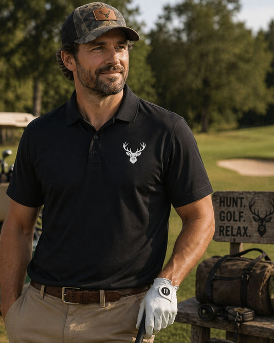 Man wearing a black polo shirt with a deer antler logo on a golf course