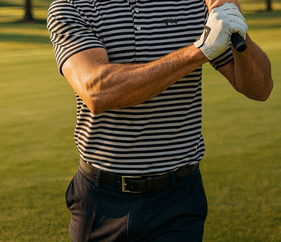 golfer swinging club with performance golf polo shirt showing movement