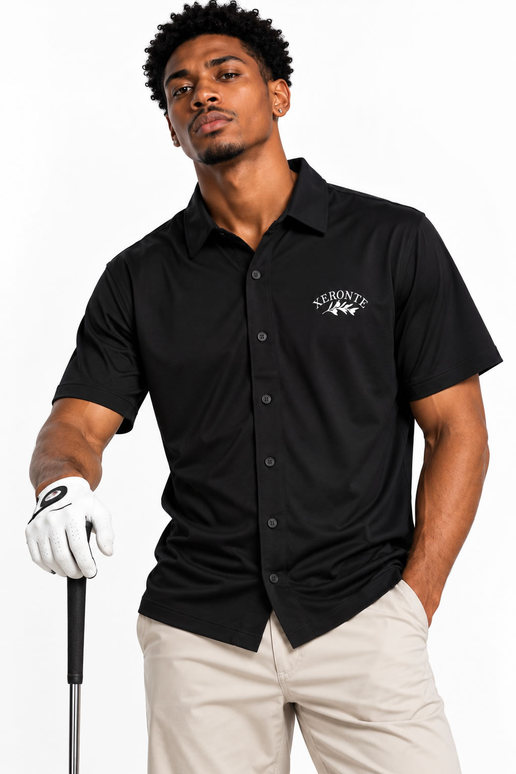 Model wearing Black Olive Branch Logo Men's Golf Button Down Shirt holding a golf club