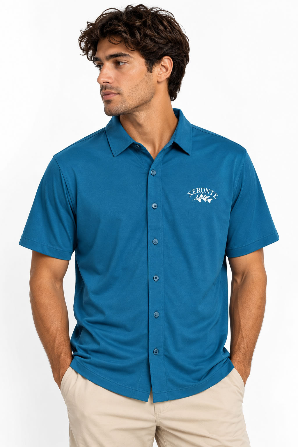 Model Wearing Pacific Blue Olive Branch Logo Men's Golf Button Down Shirt