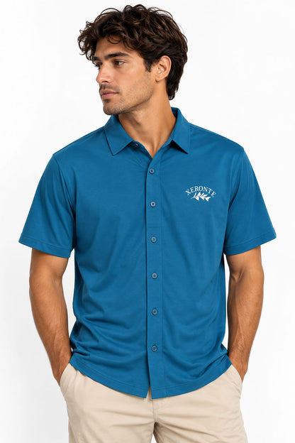 Model Wearing Pacific Blue Olive Branch Logo Men's Golf Button Down Shirt