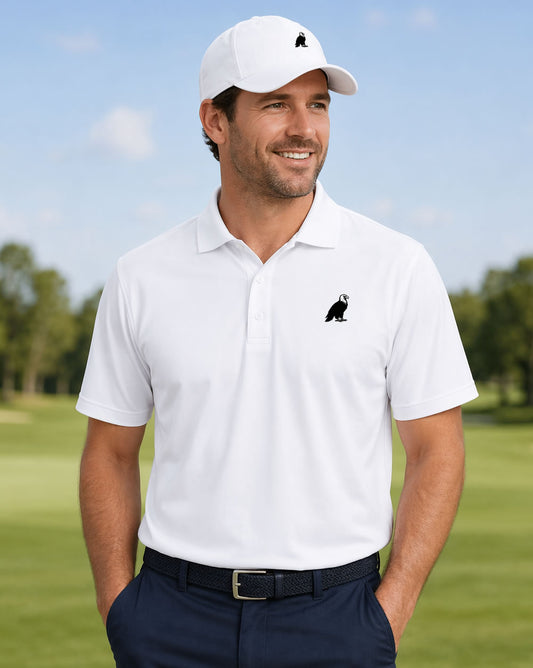 Man Wearing Bald Eagle Golf Polo Shirt in White on the golf course