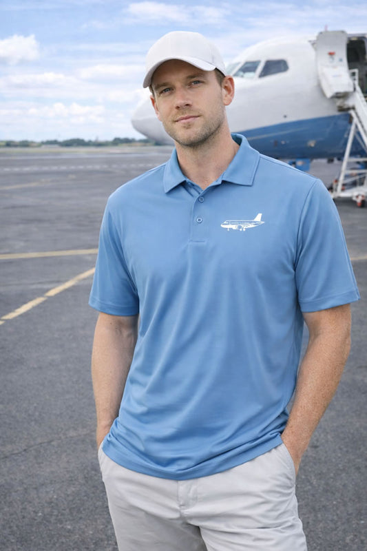 Man wearing a blue polo shirt with an airplane logo on an airport tarmac