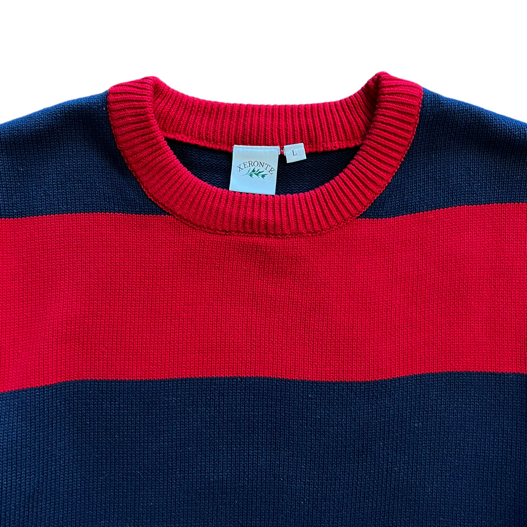 Navy Blue And Red Rugby Stripe Mens Cotton Crewneck Sweater Brand