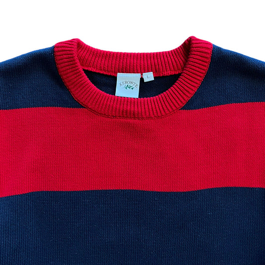 Navy Blue And Red Rugby Stripe Mens Cotton Crewneck Sweater Brand