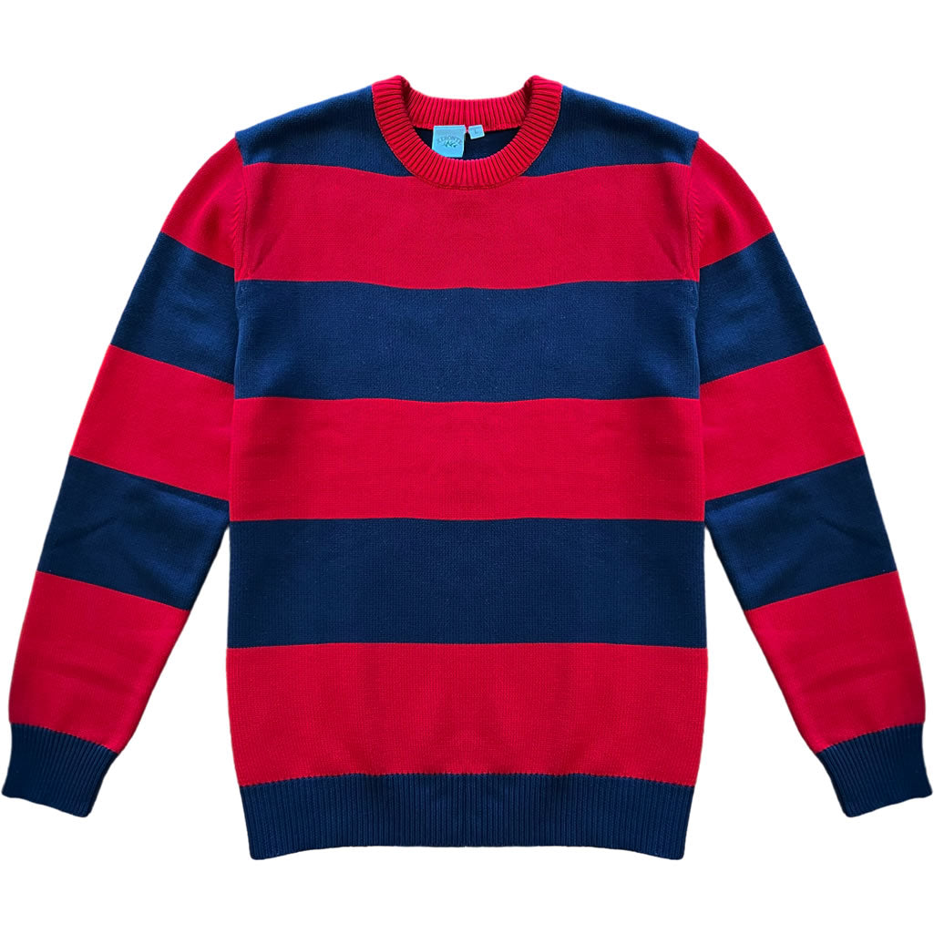 Navy Blue And Red Rugby Stripe Mens Cotton Crewneck Sweater