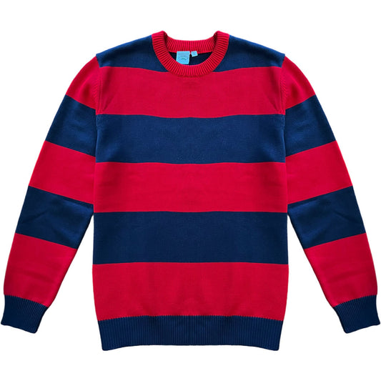 Navy Blue And Red Rugby Stripe Mens Cotton Crewneck Sweater