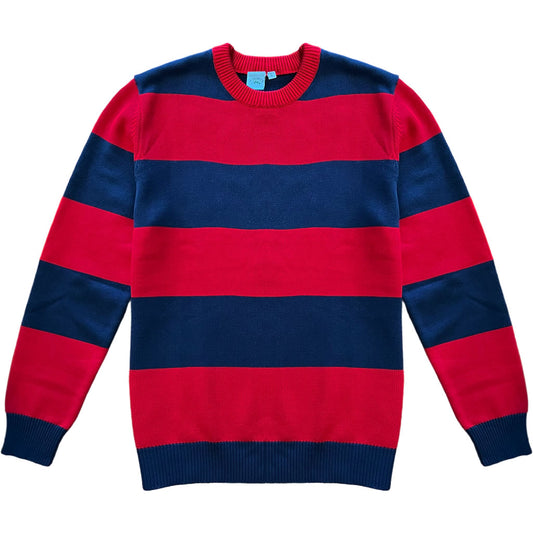 Navy Blue And Red Rugby Stripe Mens Cotton Crewneck Sweater