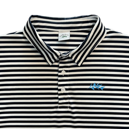 Classic Men's Navy Blue and White Striped Polo Golf Shirt Brand Label