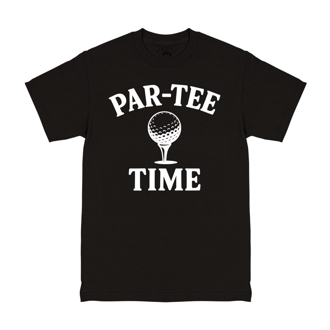 Black t-shirt with 'Par-TEE Time' graphic design on a white background