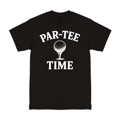 Black t-shirt with 'Par-TEE Time' graphic design on a white background