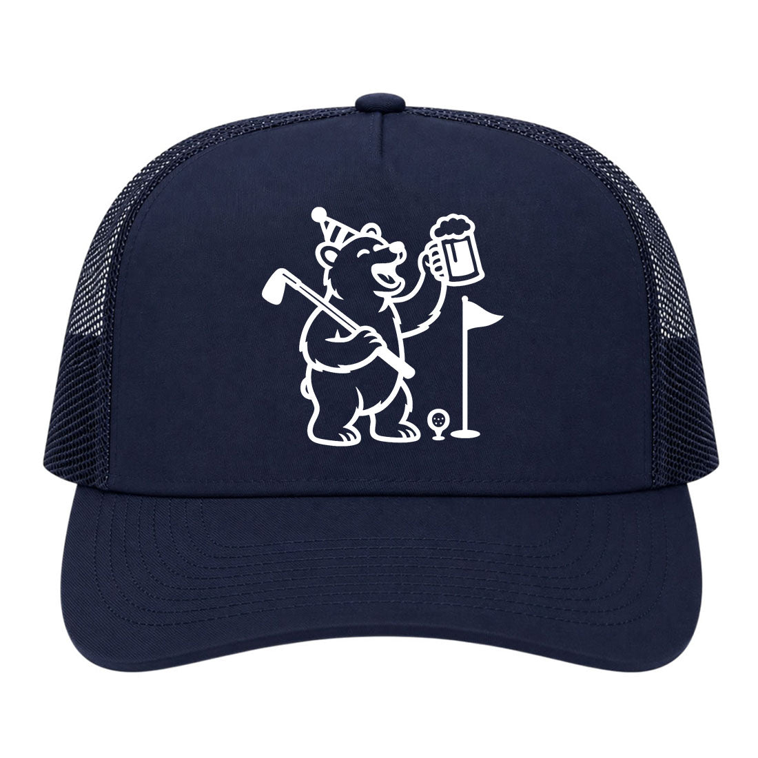 Navy Blue Party Animal Bear And Beer Golf Trucker Hat
