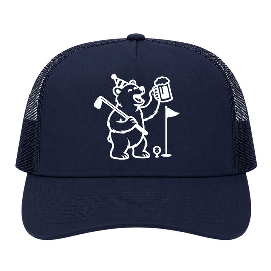 Navy Blue Party Animal Bear And Beer Golf Trucker Hat