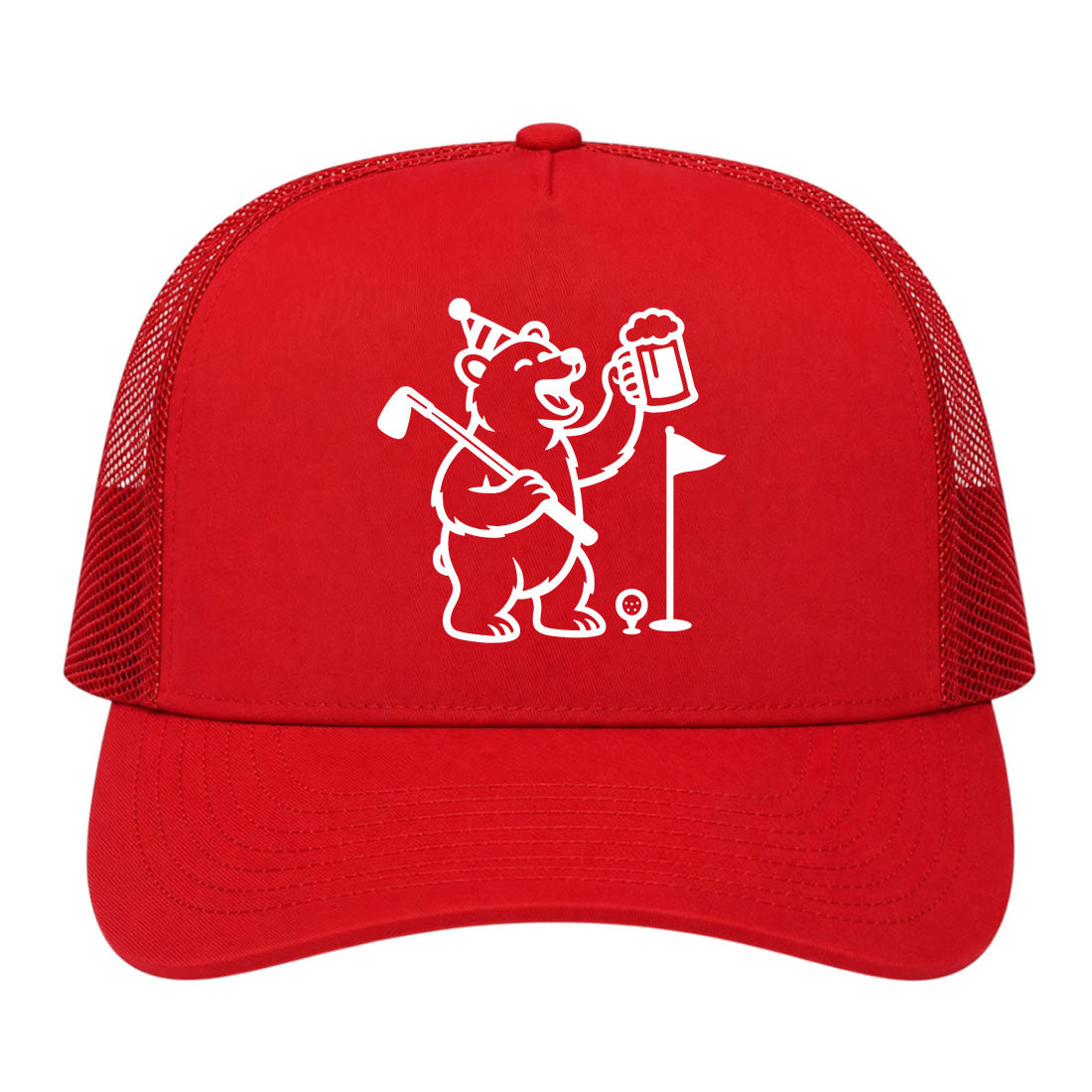 Red Party Animal Bear And Beer Golf Trucker Hat