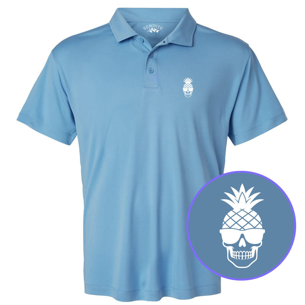 Carolina Blue Pineapple Skull Tiki Men's Golf Polo Shirt