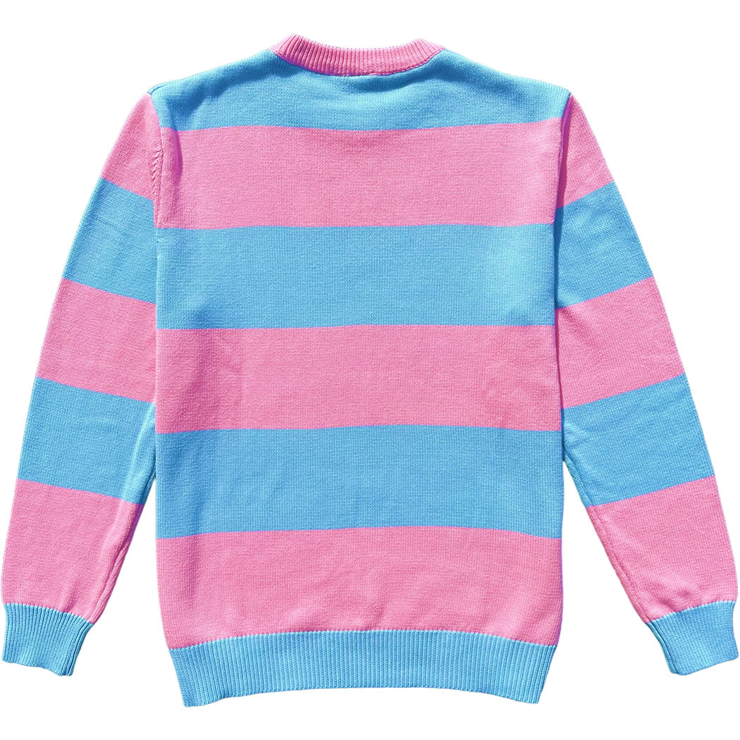 Pink And Blue Rugby Stripe Mens Cotton Crewneck Sweater Back