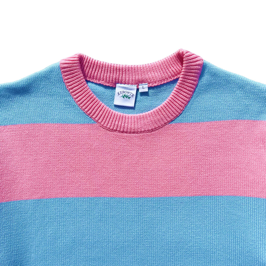 Pink And Blue Rugby Stripe Mens Cotton Crewneck Sweater Brand