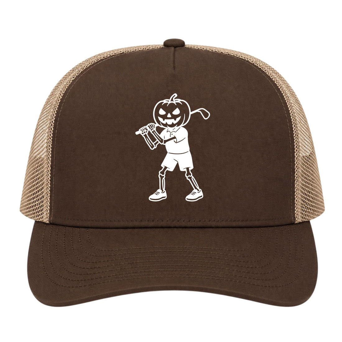 Brown Pumpkin Skeleton Halloween Golf Trucker Hat