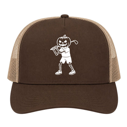 Brown Pumpkin Skeleton Halloween Golf Trucker Hat
