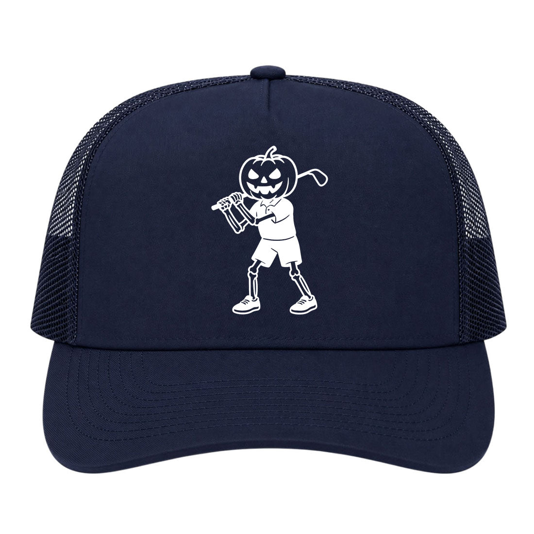 Navy Blue Pumpkin Skeleton Halloween Golf Trucker Hat