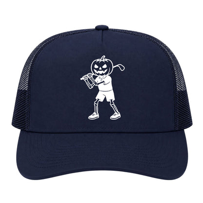Navy Blue Pumpkin Skeleton Halloween Golf Trucker Hat