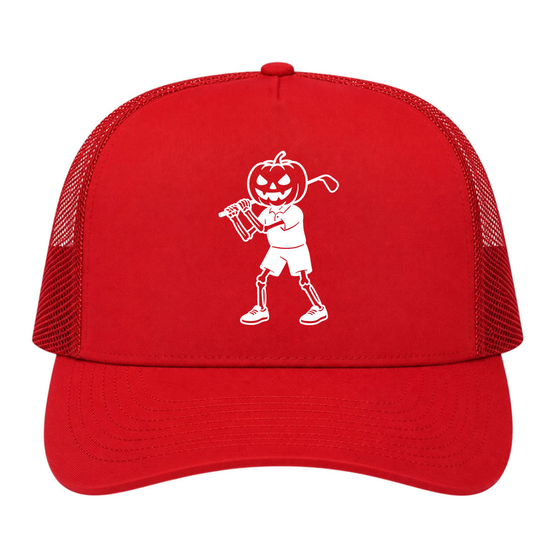 Red Pumpkin Skeleton Halloween Golf Trucker Hat