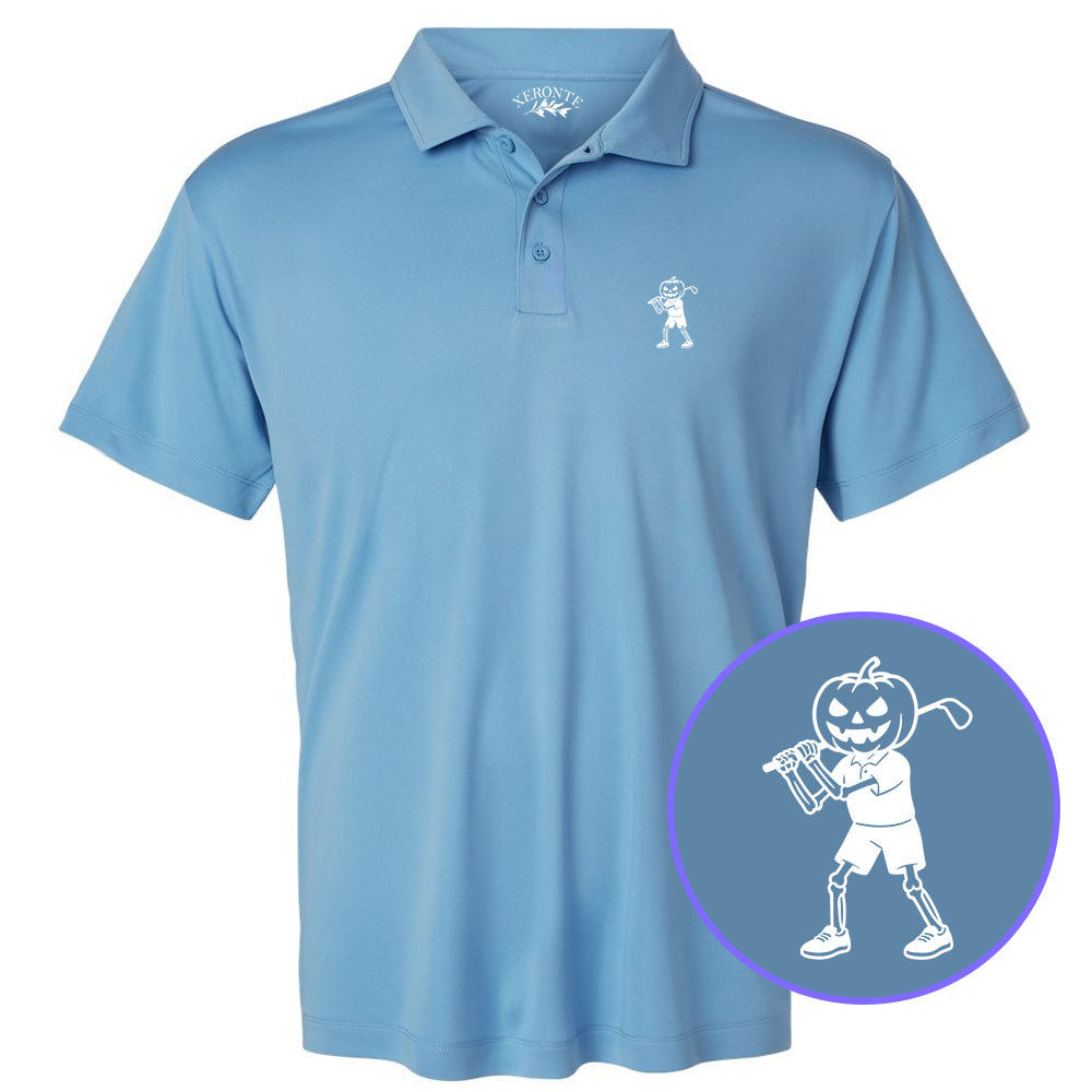 Carolina Blue Pumpkin Skeleton Halloween Golf Men's Golf Polo Shirt